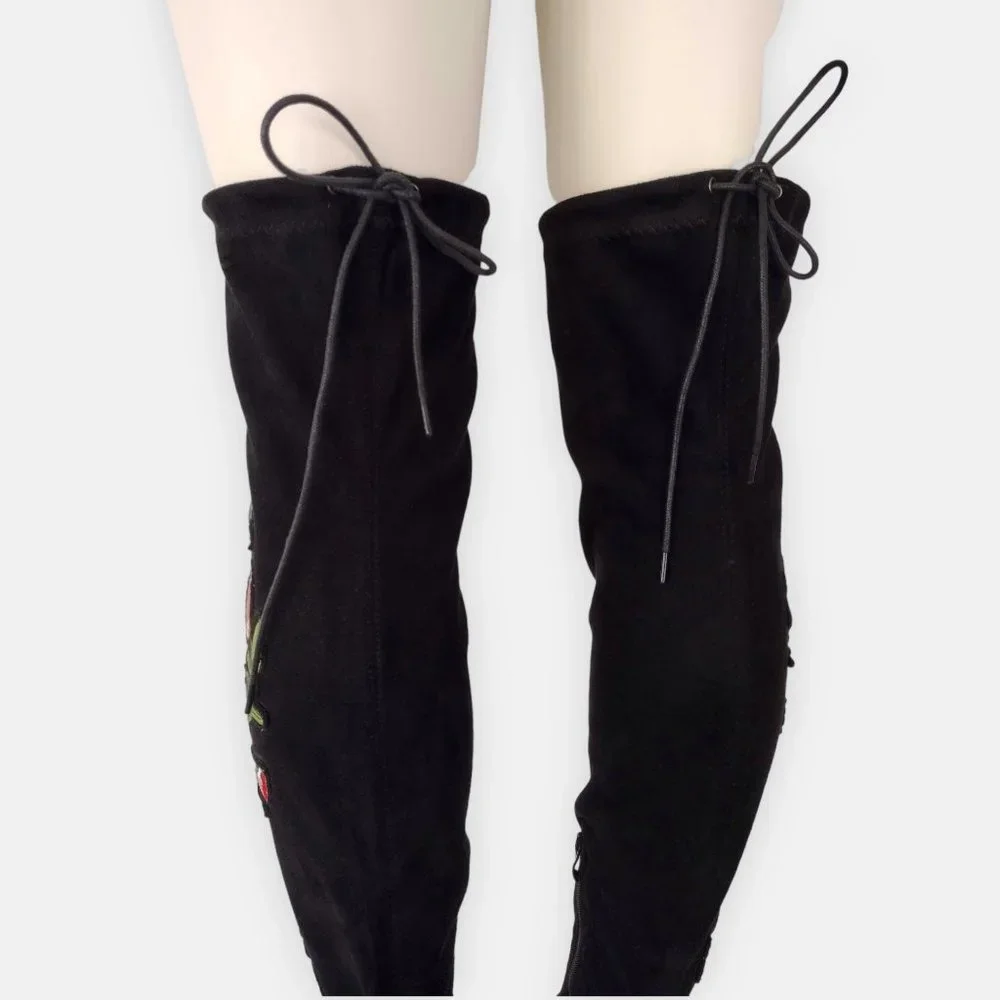 Top Moda Black Suede Floral Embroidered Over The Knee Boots 8.5
